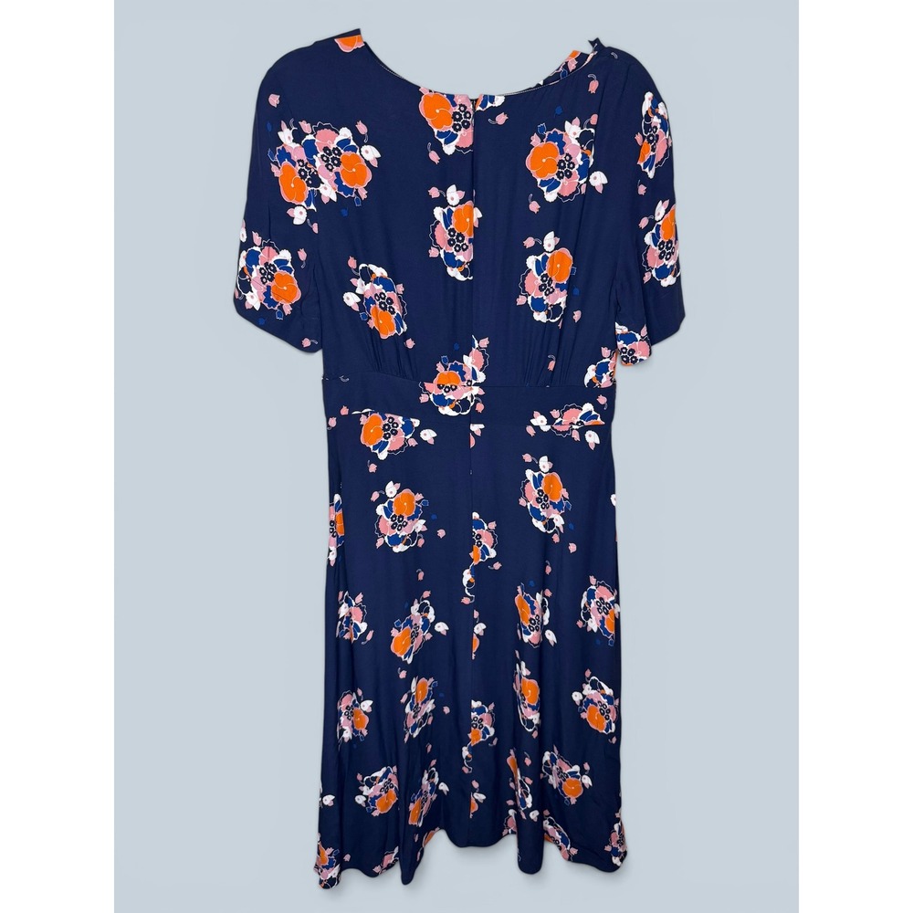 Boden Navy Blue Floral Viscose Midi Dress Short Sleeve Orange Pink US 10R - Picture 2 of 5